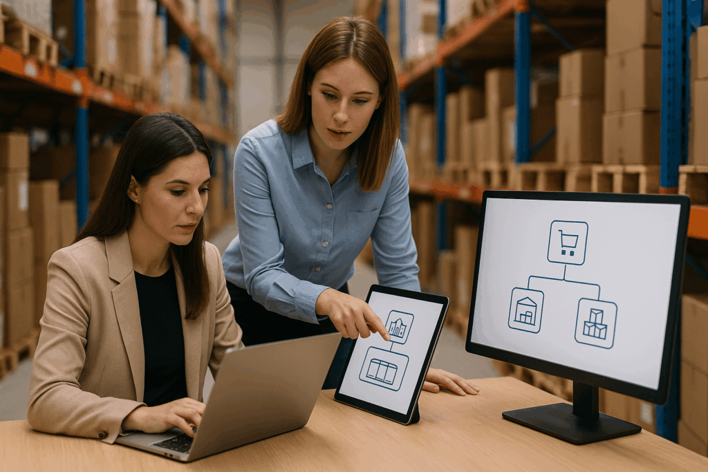 Verbundenes Ökosystem: ERP, Webshop, Carrier und Partner im Austausch.
